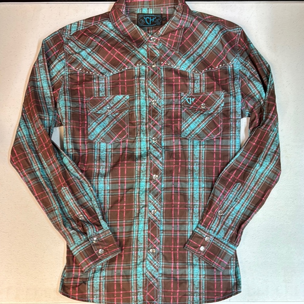 COWGIRL HARDWARE Plaid Shirt - Brown with pink and turquoise pattern